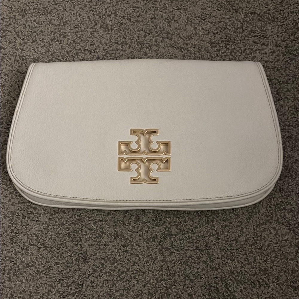 Tory Burch Ivory Clutch with Gold Emblem